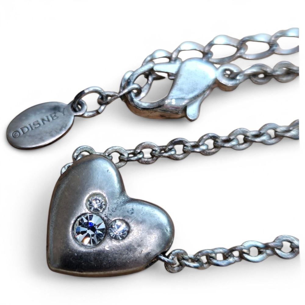 Super Cute Disney Mickey Mouse Rhinestone Heart Slider Pendant Silver Tone Chain
